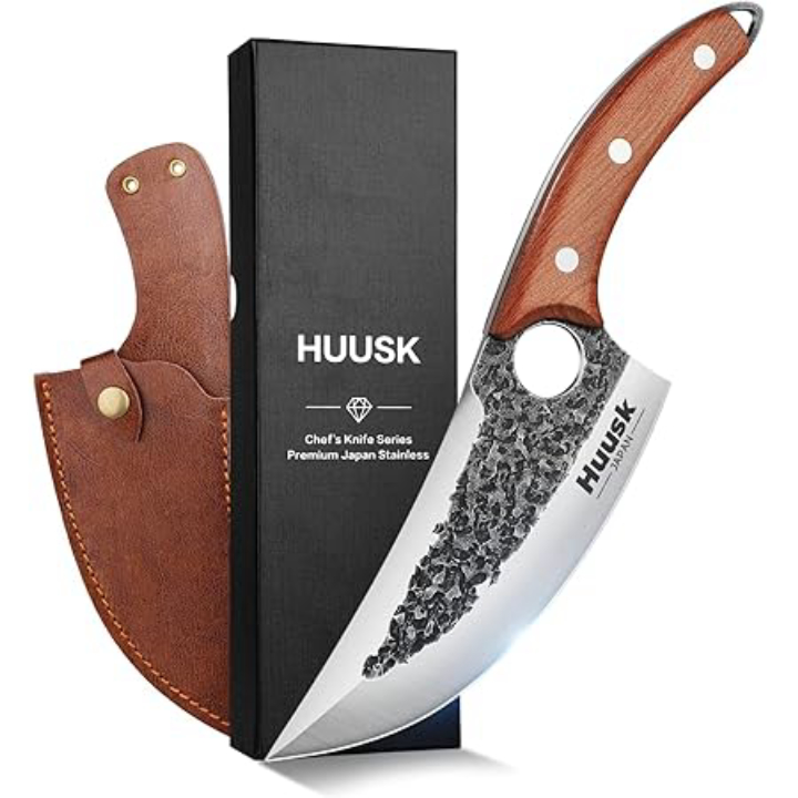 Huusk Knife Japan Kitchen, Upgraded Viking Knife w/Sheath, Hand Forged Butcher Knife