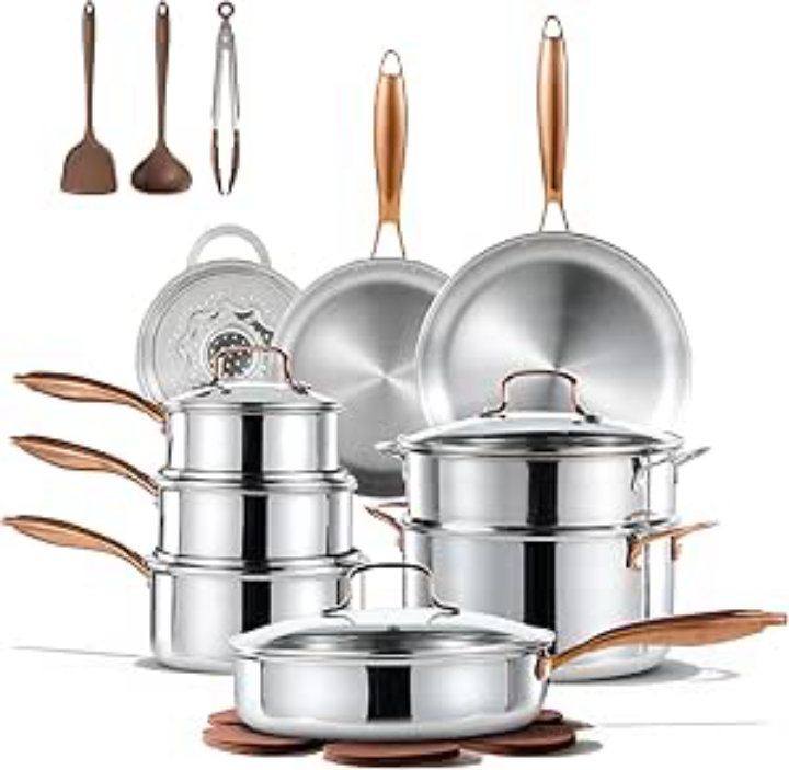 CAROTE 21pcs Tri-Ply Stainless Steel Cookware Set, Pots and Pans Set, Non Toxic Induction Kitchen Cooking Sets