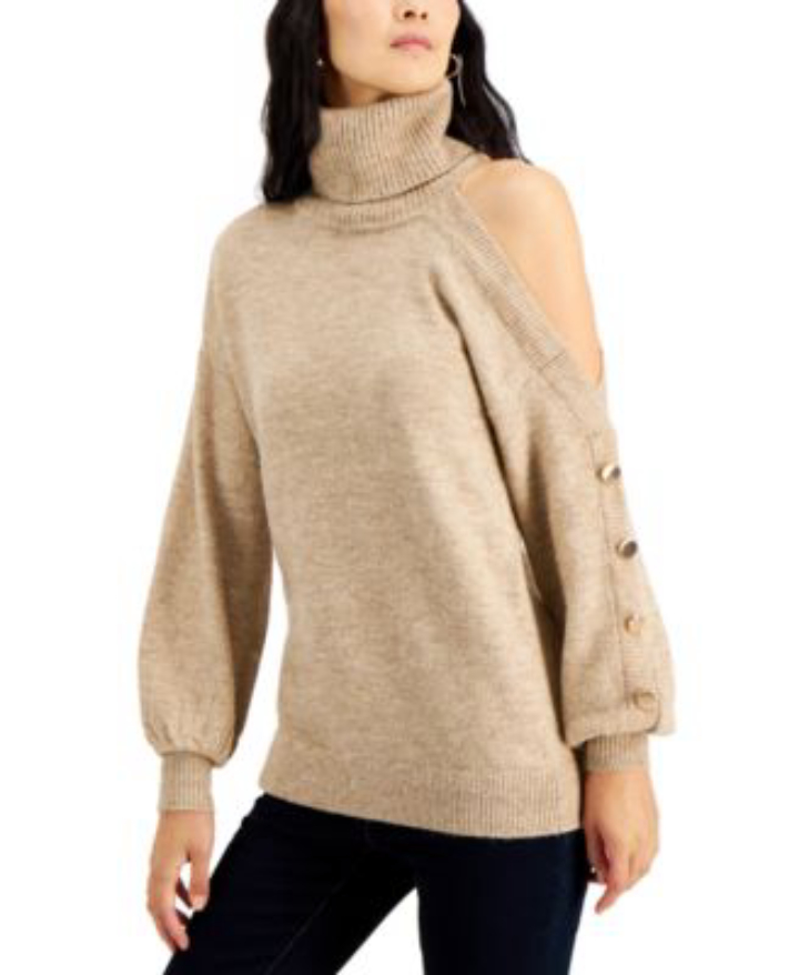 Women's Turtleneck Cold-Shoulder Sweater, Created for Macy's