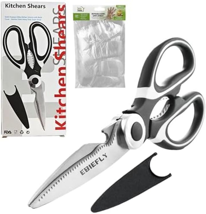 Ebiefly Heavy-Duty Kitchen Shears with Serrated Blade + 100-Pc Disposable Gloves