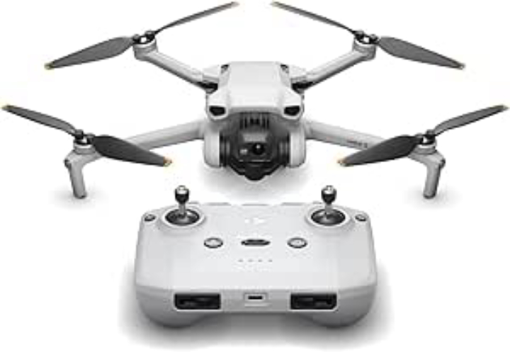 DJI Mini 3 4K Drone with compact foldable design, remote controller, and battery displayed.