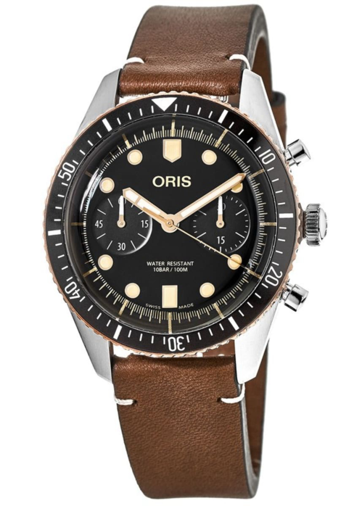 ORIS  Divers Sixty-Five Black Chronograph Dial Leather Strap Men's Watch