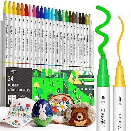 JusArt Dual Tip Acrylic Paint Pen Markers Sets (White Barrel- 24 Colors) $6.99 + Free Shipping w/ Prime or on $35+