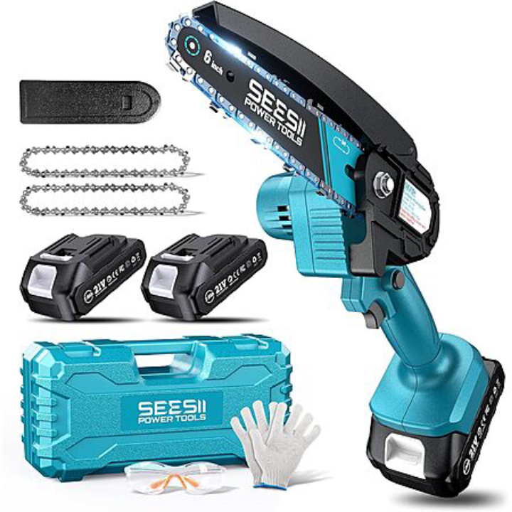 6" Seesii Mini Cordless Electric Hand Chainsaw with 2x 21V Batteries