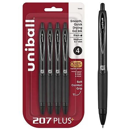 uniball 207 Plus+ Retractable Gel Pens, Medium Point, 0.7mm, Black Ink, 4/Pack (70460) & More~$4.48 @ Amazon