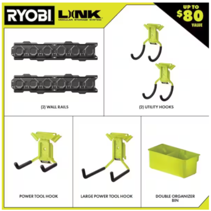 7-Pc RYOBI LINK Wall Storage Kit with Heavy Duty Wall Hooks