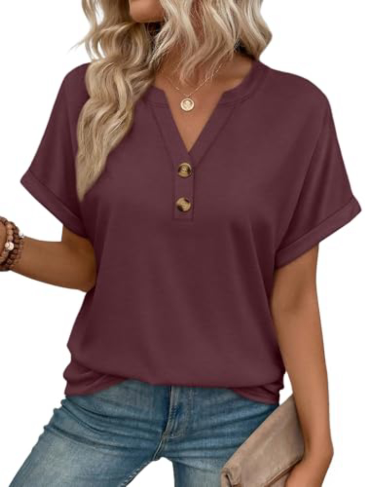 AUTOMET Women's V-Neck Henley Top – Cotton Blend, Dressy Casual