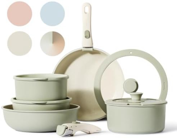 11‑Piece CAROTE Ceramic Cookware Set w/ Removable Handle – Space‑Saving Nonstick Kitchen Upgrade
