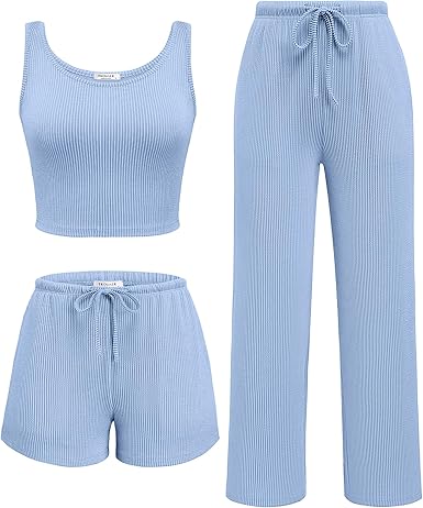 Ekouaer Women's 3 Piece Lounge Set Soft Twisted Rib Knit Summer Vacation Outfits Crop Top Shorts & Pants Set With Pokcet