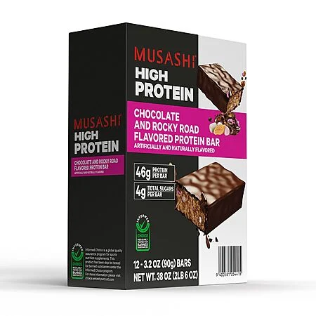 12-Pk 3.2oz Musashi 45g High Protein Bars (Chocolate & Rocky Road)
