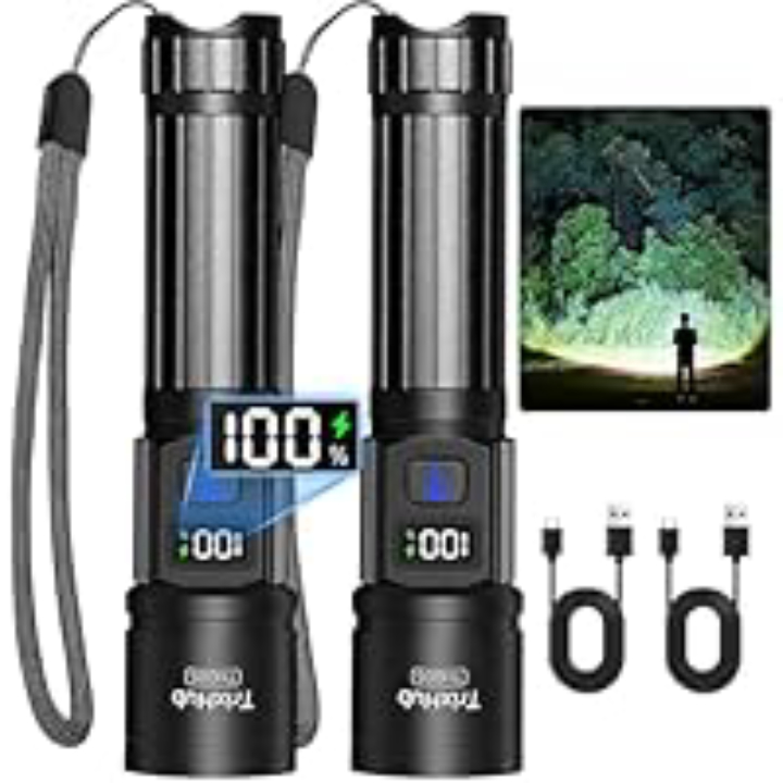 2-Pk TrixHub Rechargeable High Lumens 5-Mode Flashlights w/ LCD Display