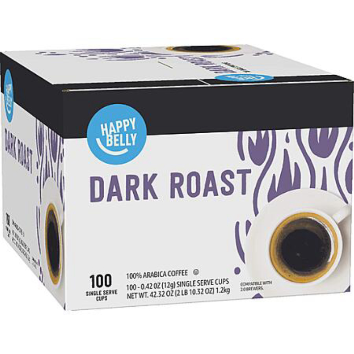 Amazon Brand - Happy Belly Dark Roast or TEN other roasts inc Decaf Coffee Pods, 2.0 K-Cup Brewers, 100 Count $27 or less S&S possible Clip Q