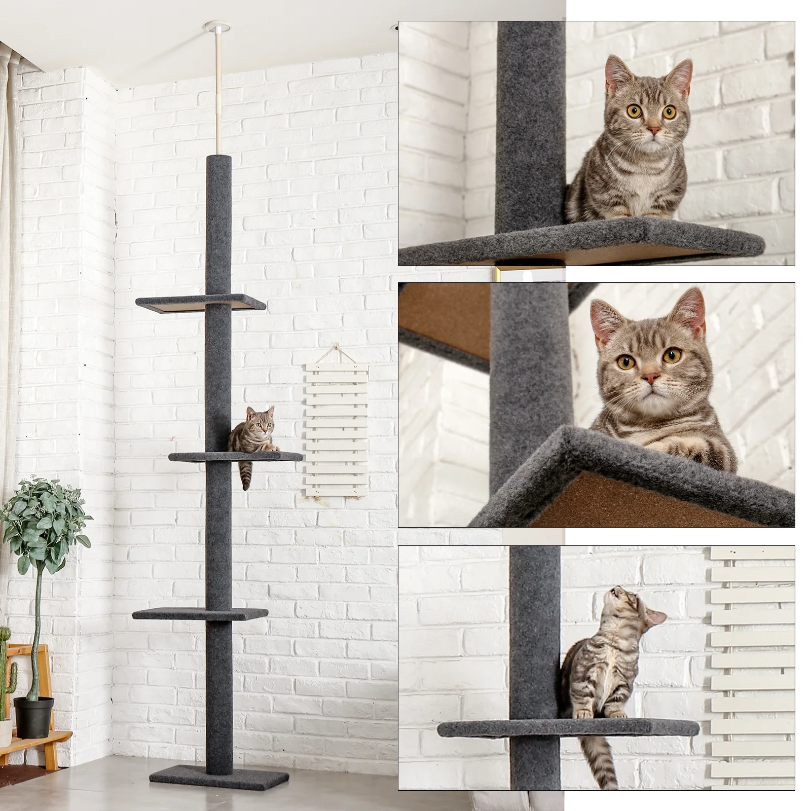 PAWZ Road 90-107" Floor to Ceiling Cat Tree Tower 4 Tier Tall Cat Climbing Posts Adjustable, Gray