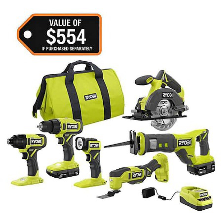 6-Tool RYOBI ONE+ 18V Cordless Combo Kit w/ 1.5Ah + 4.0Ah Batteries & Charger