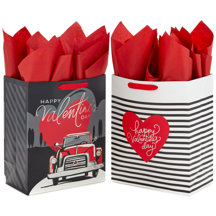 Hallmark 13" Large Valentine's Day Gift Bags with Tissue Paper (2 Bags: Vintage Red Truck, Black and White Stripes) for Adults, Spouse, Husband, Boyfriend