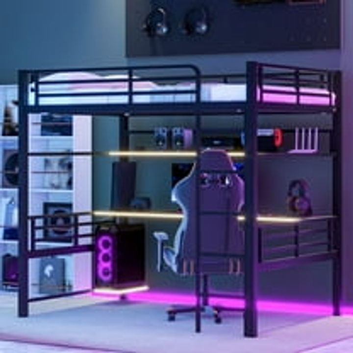 Euroco Metal Full Size Loft Bed, Gaming Bed with Desk and LED Light for Kids Teens