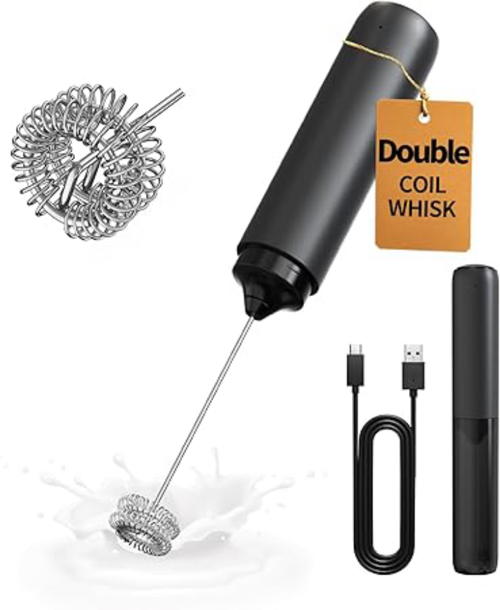 CIRCLE JOY Rechargeable Milk Frother Hanheld, Dual Coil Whisk Head Electric Coffee Frother