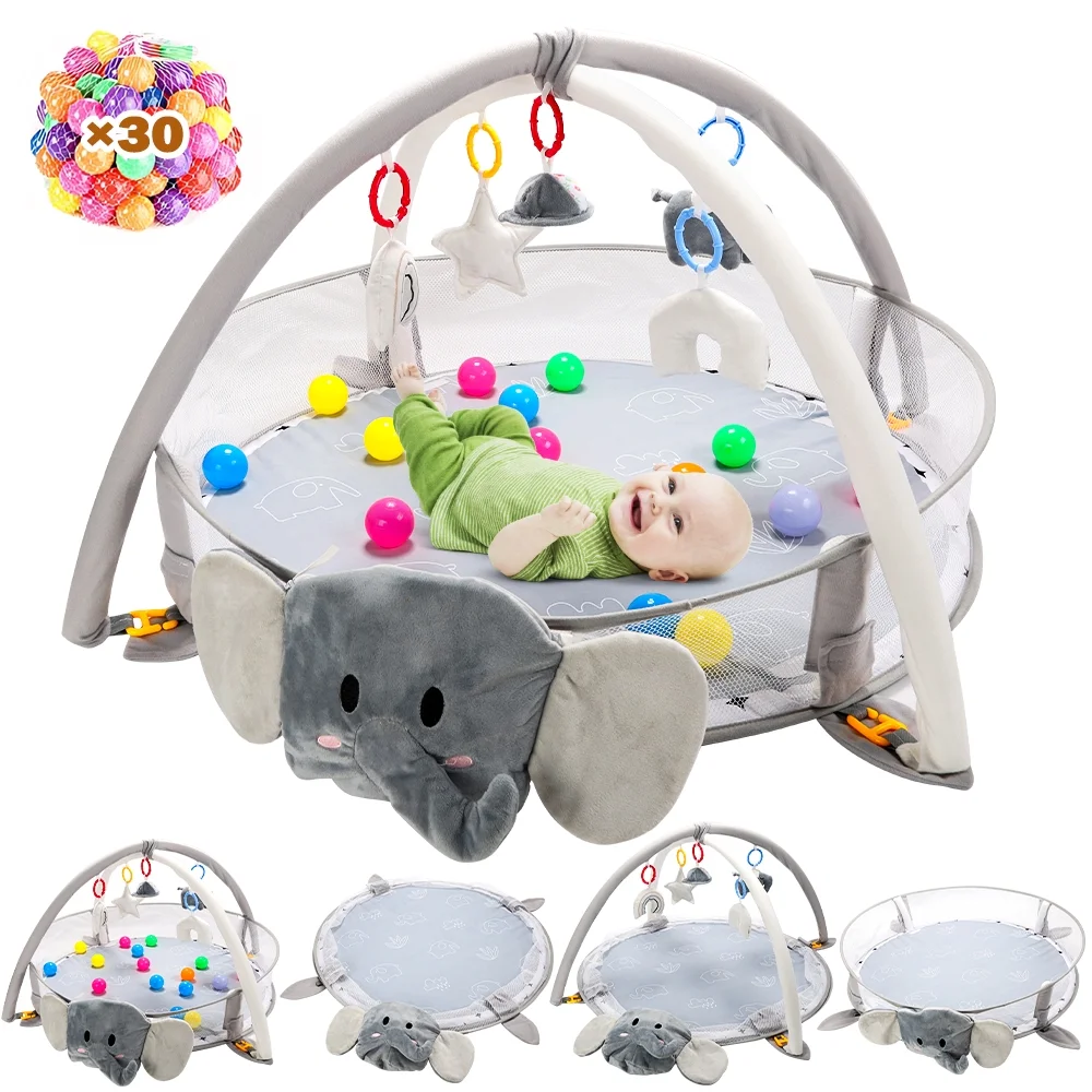 JoyStone 5-in-1 Elephant Baby Gym Play Mat with 30 Balls, Tummy Time Toys, Sensory Mat for Infants 0-12 Months