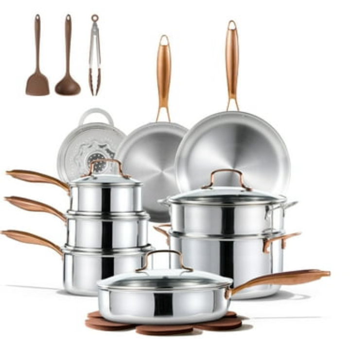 $119.99: CAROTE 21pcs Tri-Ply Stainless Steel Cookware Set, Pots and Pans Set, Mirror Polish