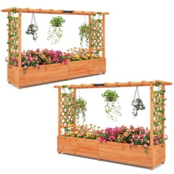 87'' Long Fir Wood Raised Garden Bed with Trellis and Hanging Roof $85.49 + Free Shipping