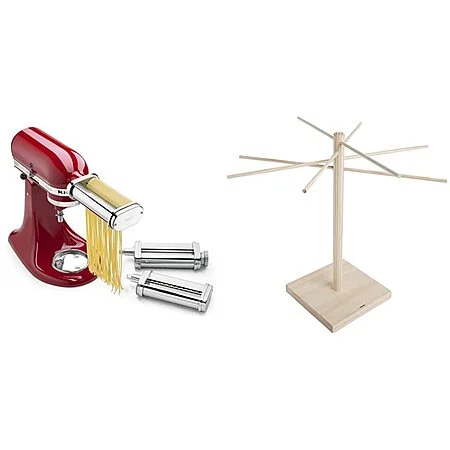 KitchenAid KSMPRA 3 Piece Pasta Roller & Cutter Attachment Set, Silver and Norpro Pasta Drying Rack Bundle