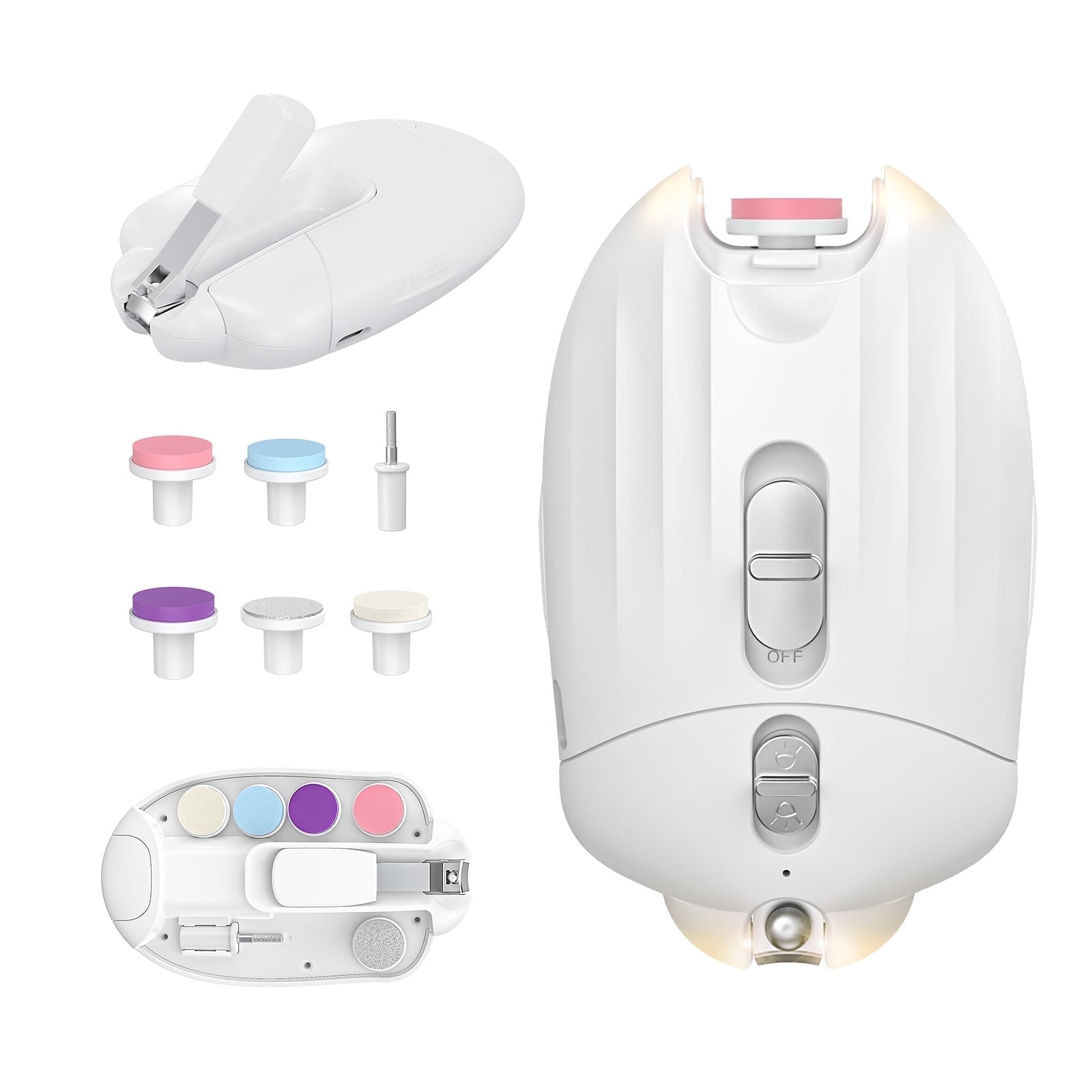 FEBFOXS Baby Nail Trimmer Electric, Safe Baby Nail Clipper with LED Light, Rechargeable 6 in 1 Nail File Baby Manicure Set for Newborn Toddler or Adults