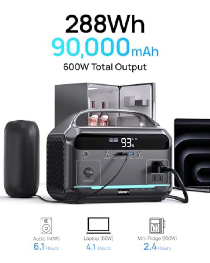 DARAN 288Wh 600W LiFePO4 Power Station with 80W Solar Panel