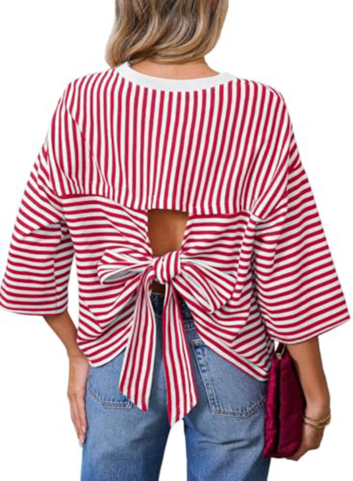 Dokotoo Red Striped Colorblock T-Shirt – Oversized Summer Top