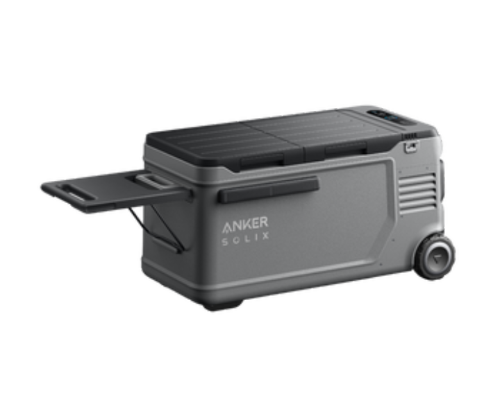 Anker SOLIX EverFrost 2 electric cooler with charging cables and solar panel support displayed