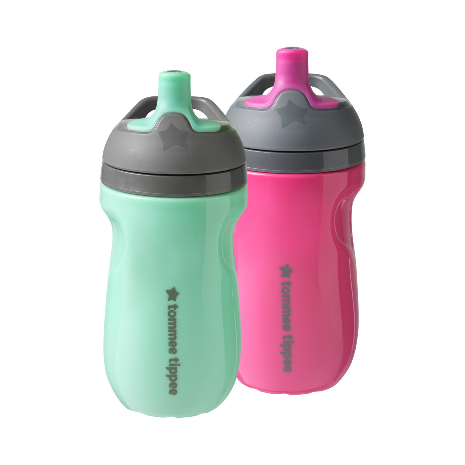 Tommee Tippee Insulated Sporty Bottle, 9oz, No Spill Toddler Water Bottle For 12 months +, Two-Piece Valve Helps Stop Spills, Pack of 2, Green and Red