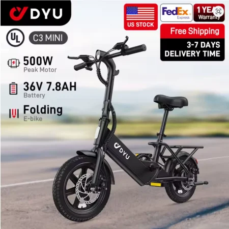DYU C3 14 inch Folding Electric Bicycle Peak 500W Motor 280WH Battery Electric Bike, $148.08