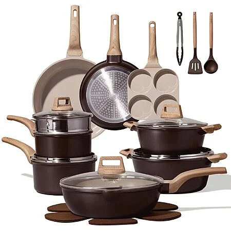 $124.99: CAROTE 21 PCS Ceramic Cookware Set, Pots and Pans Set Non Stick, Pot and Pan Set with Frying Pan, Induction Ready, PFOS/PFOA/PFAS Free, Brown, 21 Piece