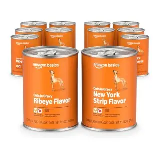 12 cans, 13.2oz, Amazon Basics Wet Dog Food Cuts in Gravy Variety Pack, Ribeye Flavor and New York Strip Flavor