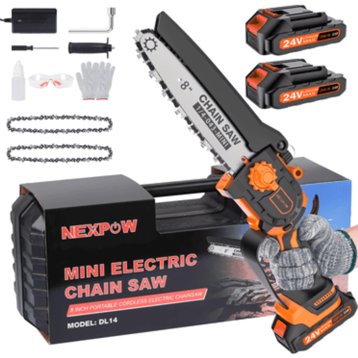 Nexpow 6" 24V Battery Powered Mini Handheld Chainsaw with 2x Batteries