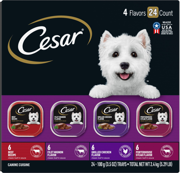 Cesar Classic Loaf in Sauce Beef Recipe, Filet Mignon, Grilled Chicken, & Porterhouse Steak Flavors Variety Pack Dog Food Trays, 3.5-oz, case of 24