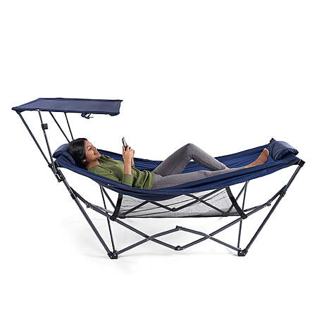 Ozark Trail blue hammock with integrated canopy, weight capacity up to 250 pounds