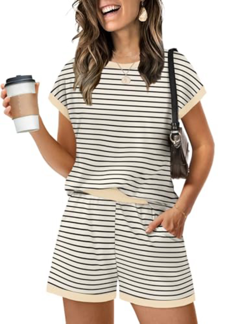 Beige & Black Stripe 2-Piece Lounge Set – Shorts & Top
