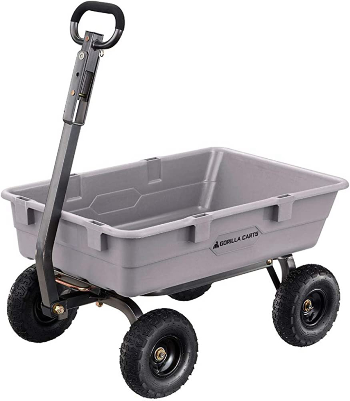 Gorilla Carts 800 Pound Capacity Heavy Duty Poly Yard Garden Steel Dump Utility Wheelbarrow Wagon Cart with 2 in 1 Towing ATV Handle, Gray