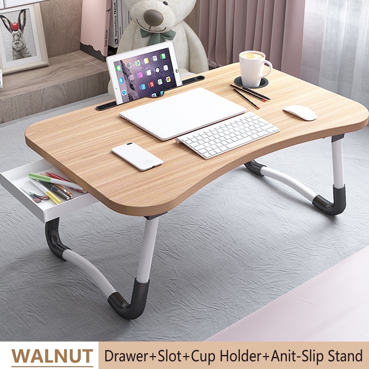 PHANCIR Foldable Lap Desk, 23.6 Inch Portable Wood Laptop Desk Table Workspace Office Organizer Bed Sofa Tray with Slots/Cup Holder/Drawer, Anti-Slip for Reading Writing Eating Watching, Walnut
