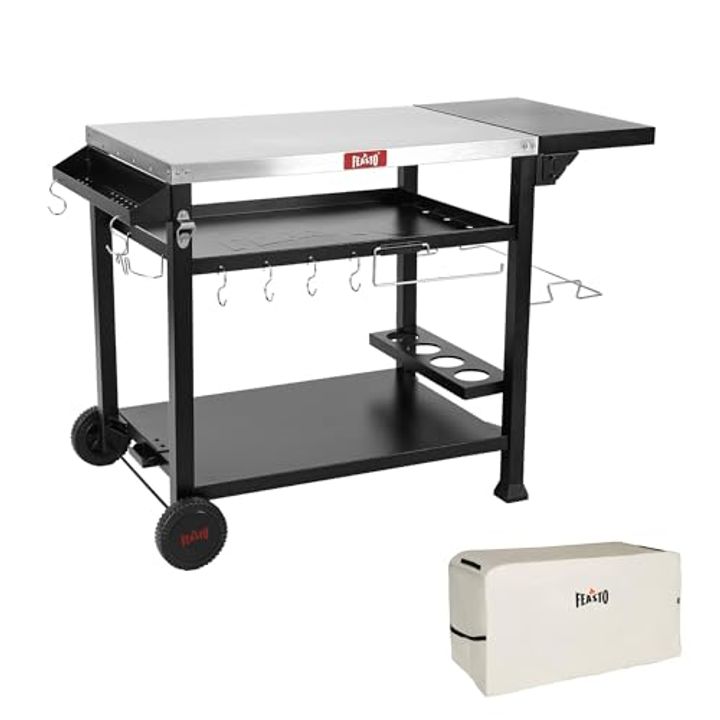 Feasto 40x26 Grill Cart | Stainless Steel, 3-Shelf, Wheels & Cover