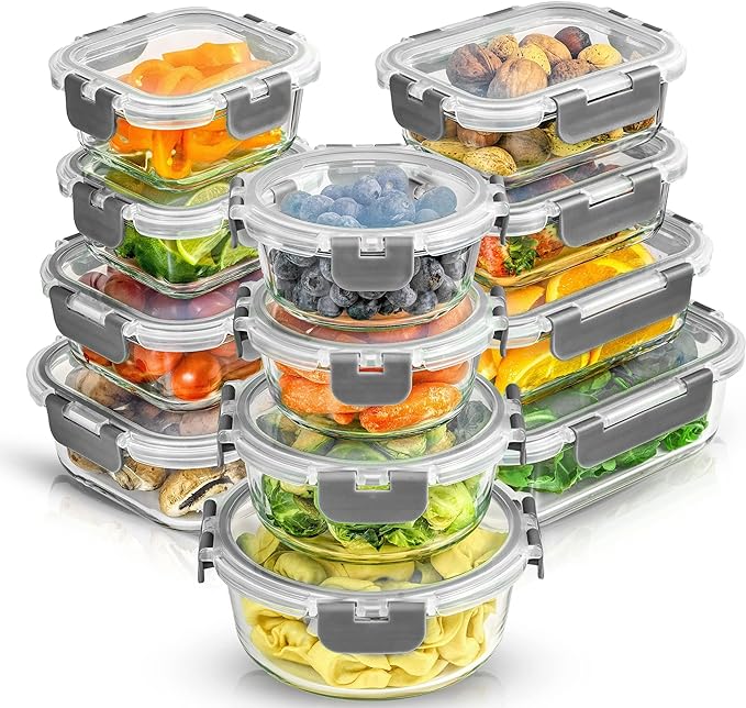 JoyJolt JoyFul 24pc Borosilicate Glass Storage Containers with Lids. 12 Airtight, Freezer Safe Food Storage Containers, Pantry Kitchen Storage Containers