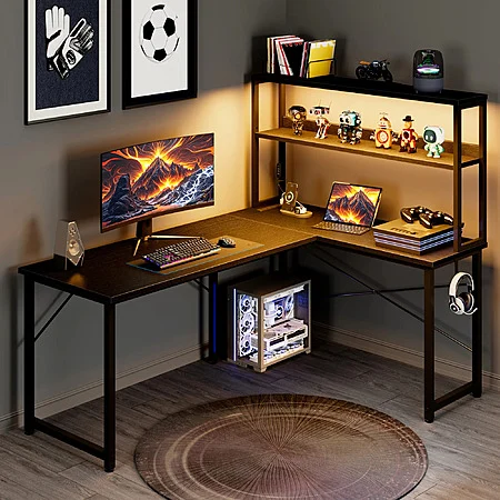 53 Inch L-Shaped Office Desk with Power Outlets, Gaming Desk with LED Lights for Home Office, Corner Computer Desk with Hutch, Black