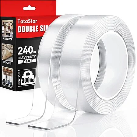 Prime Members: 2-Pk 240" Tatastar Double Sided Clear Adhesive Tape (1.2" & 0.8") | promo code O5TDRFHK