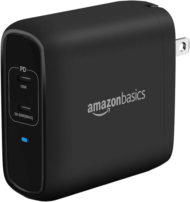Amazon Basics 68W GaN Wall Charger with 2 USB-C Ports (60W with PD & 18W)