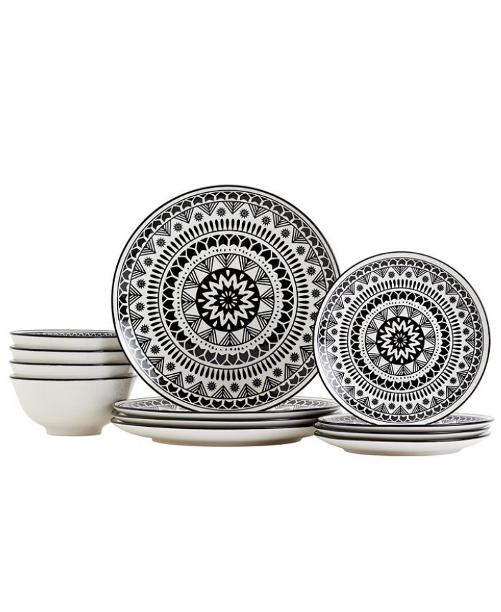 TTU Gallery 12-Pc Black Pad Print Dinnerware Set, Service for 4