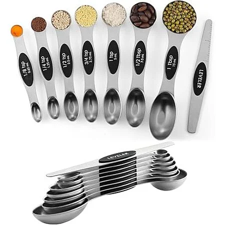 8-Pk Stainless Steel Dual-Sided Magnetic Measuring Spoons w/ Leveler