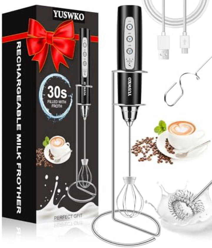YUSWKO Cordless Electric Milk Frother 3-in-1 Whisk (300ml Capacity)