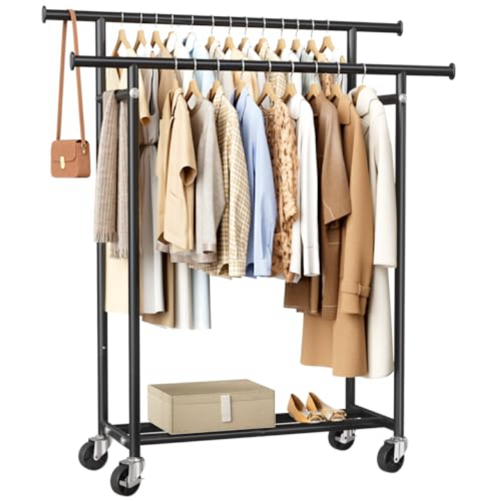 HYSEYY Double Rod Rolling Clothes Rack - 240 LBS Capacity