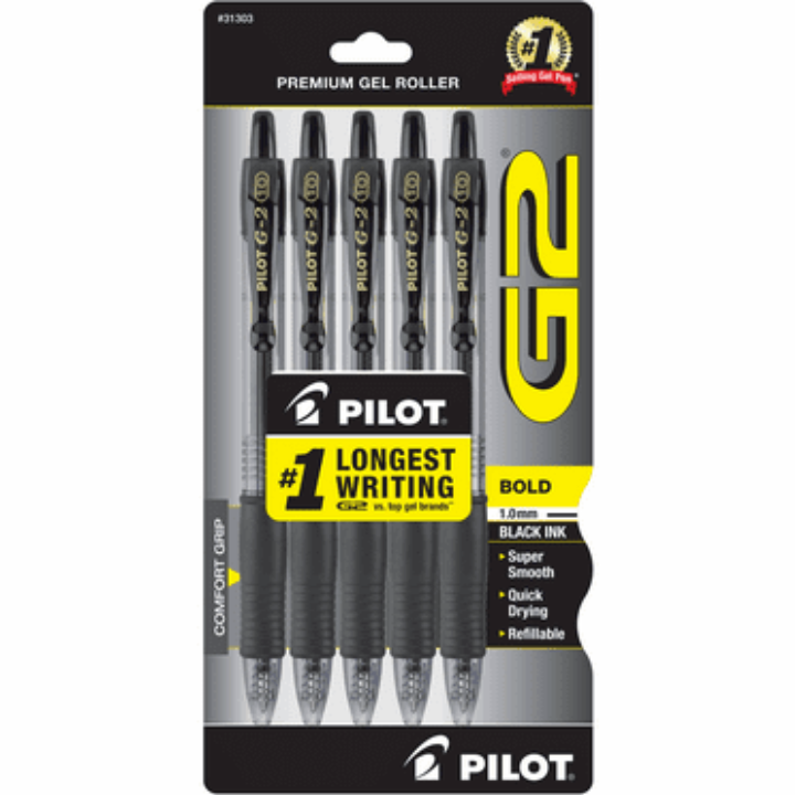 5-Pk Pilot G2 Premium Bold Point Roller Gel Pens (Black/1mm)
