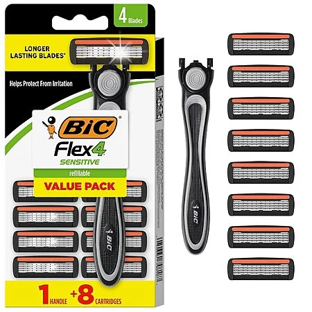 BIC Flex 4 Refillable Razors for Men, Long-Lasting 4 Blade Razor Refills for Sensitive Skin